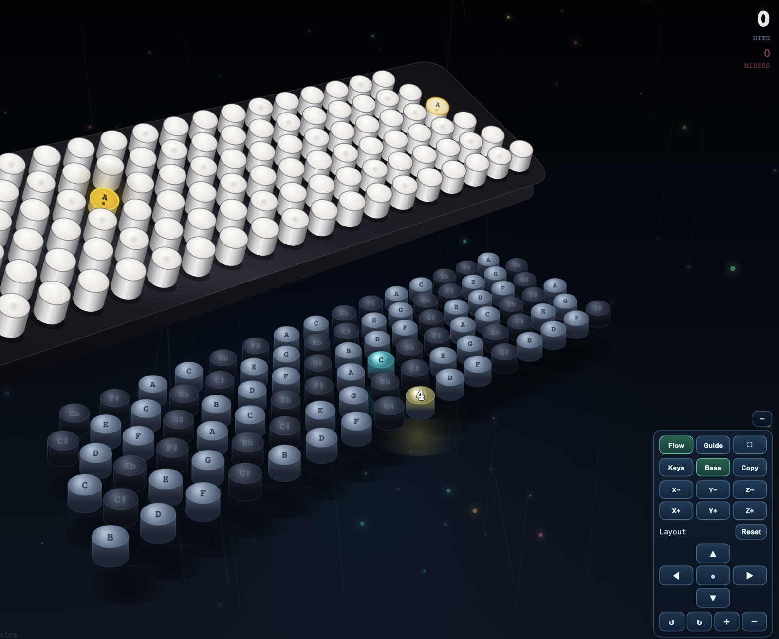 The 3D accordion practice view with bass and melody buttons lit